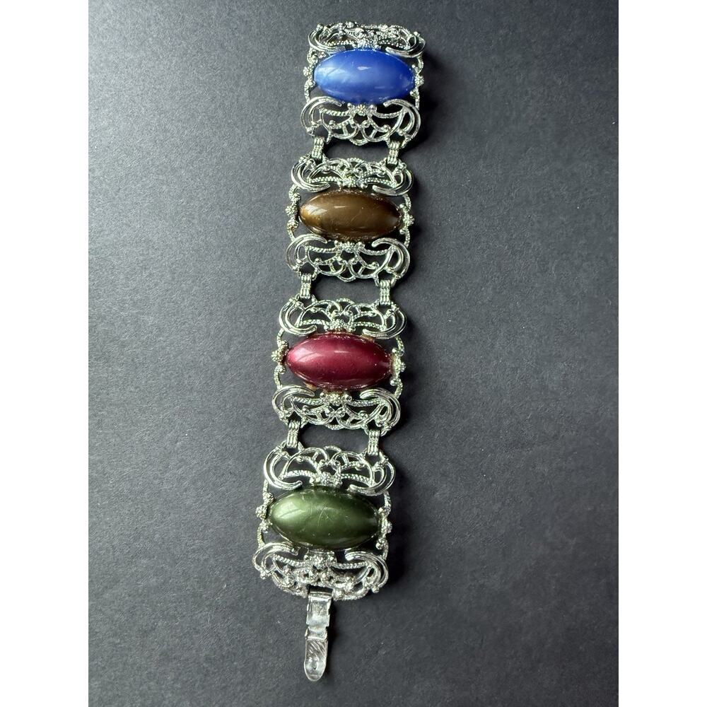 1960's Sarah Coventry Carousel Cabochon Chunky Panel Link Bracelet Mid Century